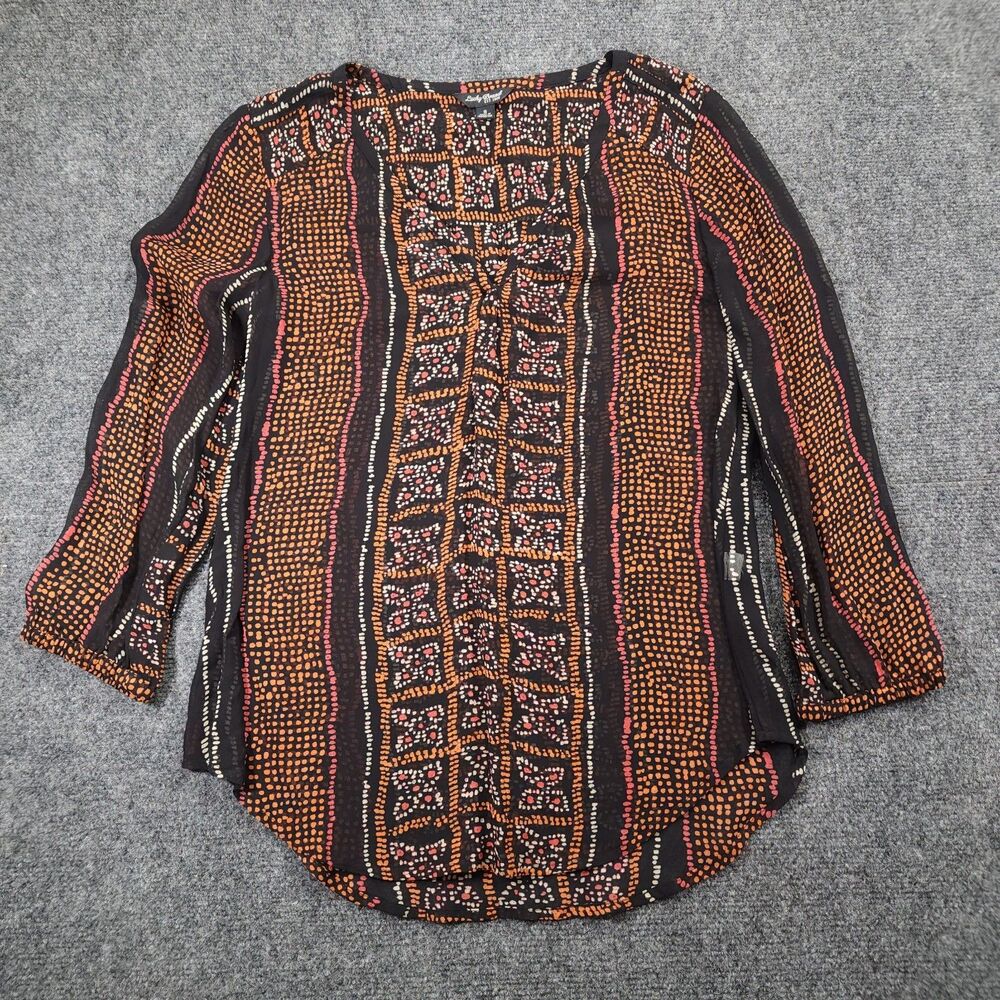 Lucky Brand Est 1990 Tribal Print Boho Blouse Women Black Rust Orange S Sheer